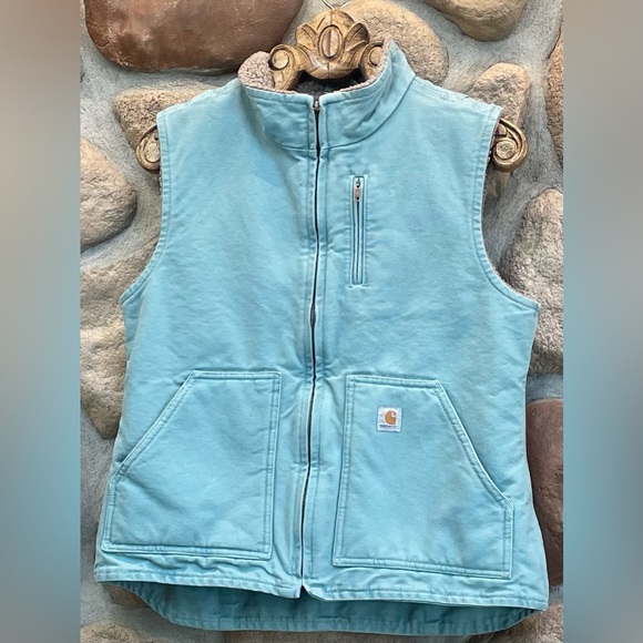 Carhartt Jackets & Blazers - Rare BEAUTIFUL Duck Canvas CARHARTT Sherpa lined SEAGLASS Vest M